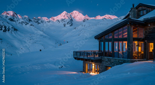 Winter mountain chalet snow scene mountain view ski resort vacation rental luxury home alpine retreat