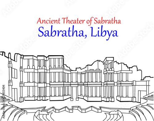 CIMAHI, INDONESIA-August 05, 2025-Outline of Ancient Theater of Sabratha in Libya. Vector graphic design cartoon building illustration for collection.