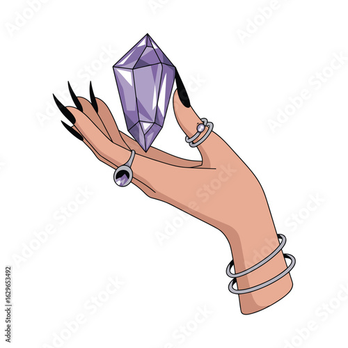 Vector illustration of Mystic Hand: Purple Crystal, Jewelry, and Long Nails