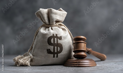 A wooden gavel and a burlap money bag with a dollar sign on the table, against a gray background. Concept of seeking justice, Generative AI.