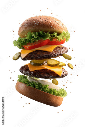 Delicious and appetizing hamburger with flying ingredients isolated on transparent background, showcasing layers of beef, cheese, lettuce, tomato, onion, and pickles in a sesame bun