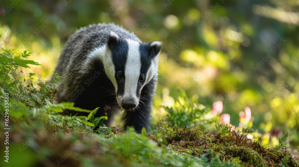 Obraz premium Badger Foraging for Berries Sun-Drenched Foreground