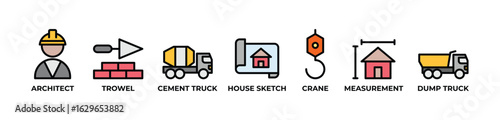 Architecting Construction Icons set vector illustration colorvwith Architect, Trowel, Cement truck, House sketch, Crane, Measurement, Dump truck