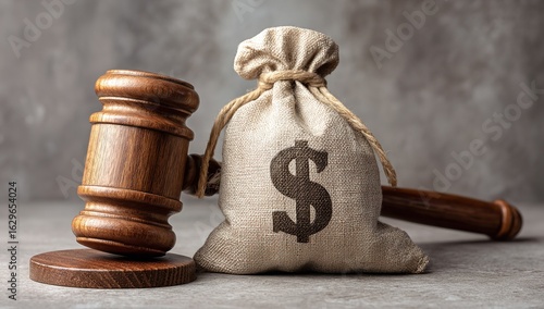 A wooden gavel and a burlap money bag with a dollar sign on the table, against a gray background. Concept of seeking justice, Generative AI.