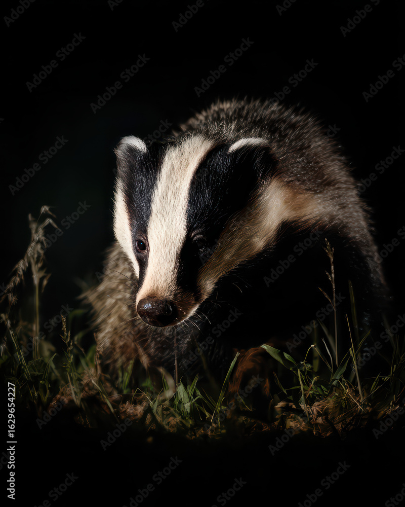 Obraz premium Night Hunting Badger Dark Moody Lighting High Contrast