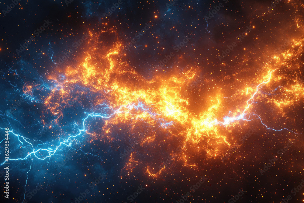 Naklejka premium Clashing cosmic energies: fiery orange and icy blue lightning bolts collide in a dark, starlit expanse.