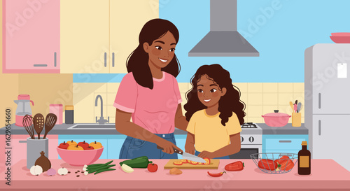 Mother and daughter slicing tomatoes in a kitchen