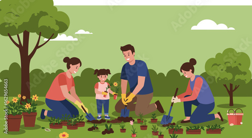 Family gardening together in a sunny yard with trees and plants