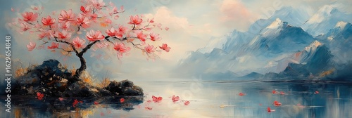 A blooming tree stands gracefully in a tranquil garden, its image mirrored in the serene waters of the pond. Springtime charm, perfect harmony.