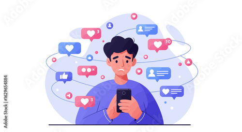 Sad man surrounded by social media notifications