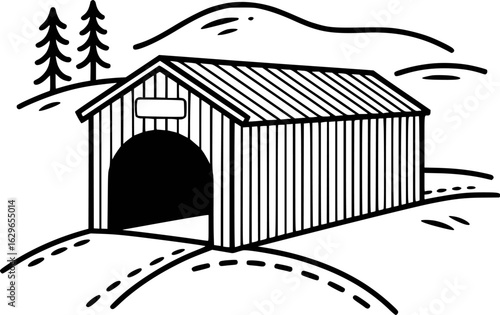 black and white covered bridge drawing clip art preview