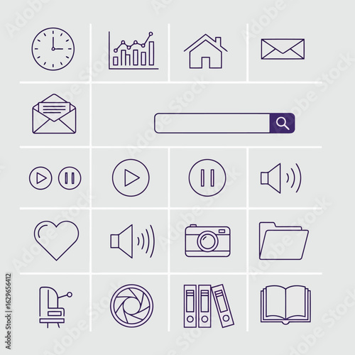 Vector art of set of modern line icons for web and mobile applications, including time, analytics, communication, media, and business elements, isolated on white background transparent background