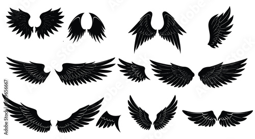 Set of Black Angel Wings Silhouette