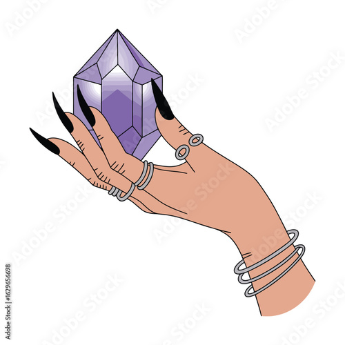 Vector illustration of Mystic Hand: Purple Crystal and Elegant Jewelry Illustration