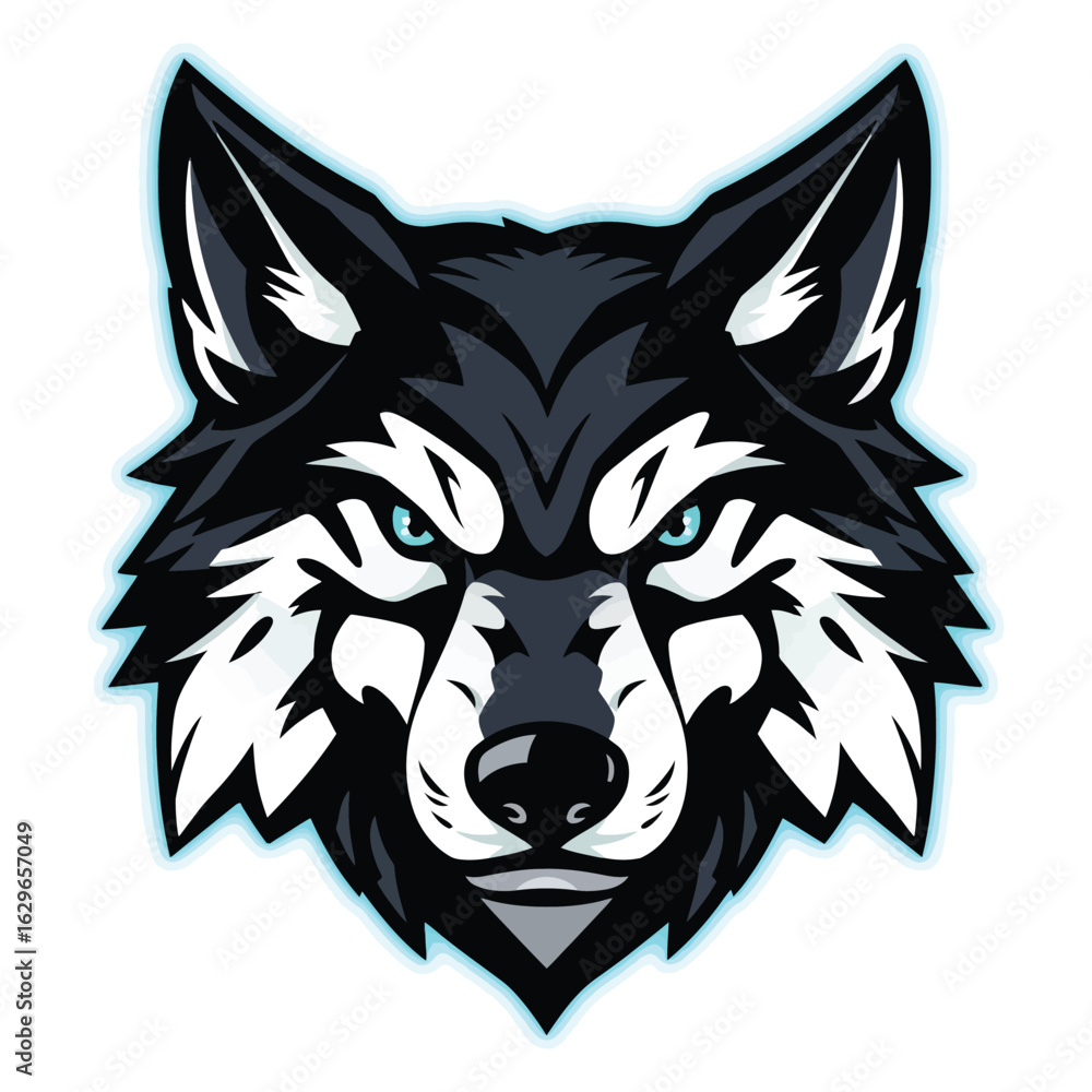 Fototapeta premium Fierce black wolf head emblem with aggressive eyes isolated on white background
