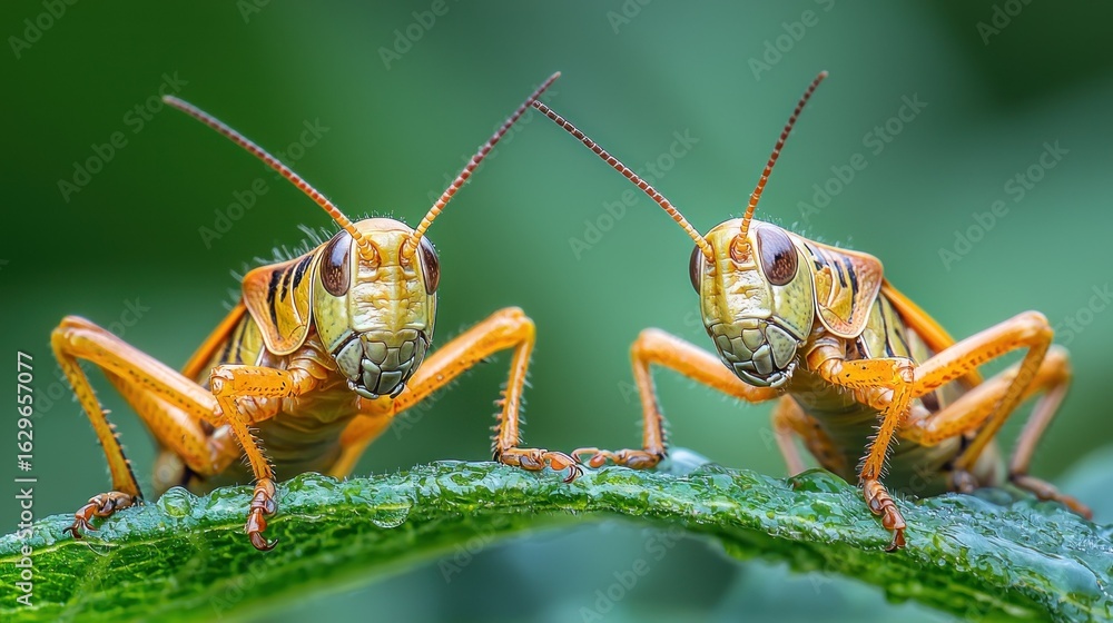 Fototapeta premium Two vibrant orange-yellow grasshoppers on a leaf