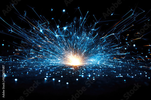A vibrant burst of blue sparks against a transparent background, creating a dazzling light show.