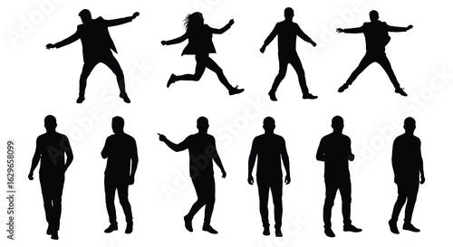Collection of diverse male silhouettes engaged in various dynamic poses and casual stances against a white background