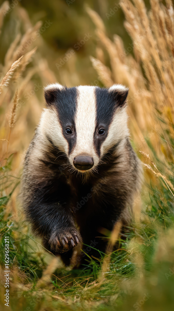 Fototapeta premium Badger Running Through Tall Grass Shallow Depth of Field