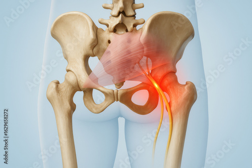 Posterior pelvic anatomy with red glow under piriformis muscle showing sciatic nerve entrapment, ideal for illustrating piriformis syndrome and related sciatic irritation in clinical visuals.