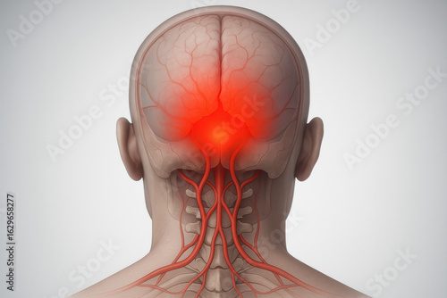 Posterior head view with red glow at occipital cortex and skull base, showing vertebral arteries and nerve roots to depict migraine with aura focused on visual zone and occipital brain region.