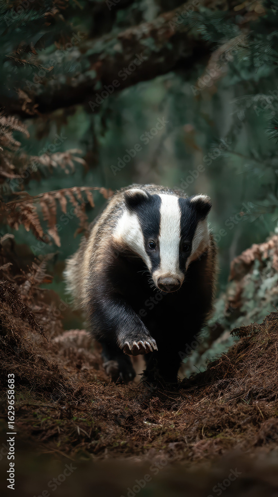 Fototapeta premium Badger Running Through Woods Soft Light Sharp
