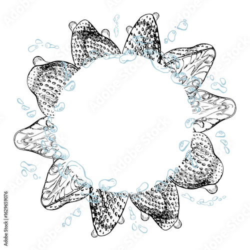 Strawberry berries full and cut in half wreath flying with water splash, dew drops hand drawn in vector ink. Ripe garden pineberry strasberry. Isolated circle frame. Fresh grocery, preserves cookbook