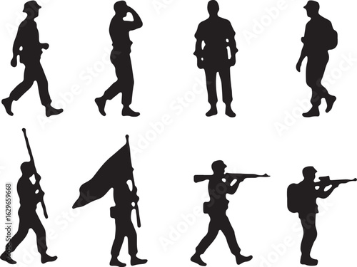 Soldiers in action silhouettes capturing diverse military poses and movements