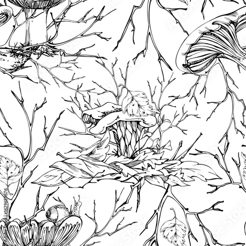 Golden chanterelle girolle, russula cortinarius webcap mushroom on top of fallen autumn leaves pile. Fungi nature seamless pattern hand drawn in vector ink. Brambles, twisting branches twigs net grid