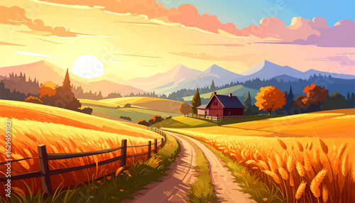 Vibrant sunset in a rural. Rolling hills with farmhouse, golden fields. Serene countryside view with warm colors. Rural tranquility with sunset over hills. Beautiful farmland with scenic mountain view
