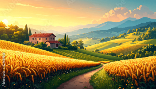 Bright evening sky over golden wheat fields. Countryside road in a peaceful sunset glow. Picturesque countryside with mountains and house. Charming farmhouse with sunlit wheat fields