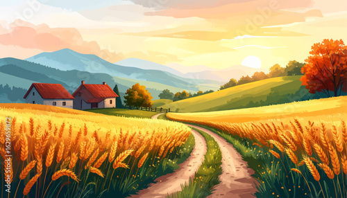 Golden wheat field at sunset. Autumn sunset over farmland path. Scenic rural landscape in fall. Peaceful farm road with golden fields. Autumnal countryside at sunset