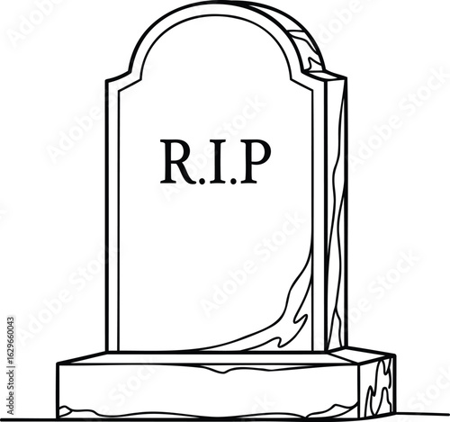 A simple black and white drawing of a tombstone with rip written on it representing death and the afterlife