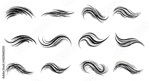 Collection of abstract black ink brush strokes and expressive paint splatters on a white background
