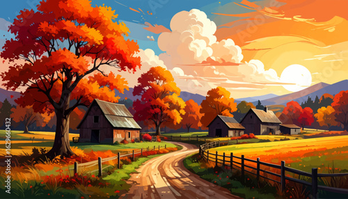 Autumn landscape with colorful trees. Scenic countryside in autumn sunset. Autumn countryside with farmhouses. Fall colors in rural landscape. Peaceful autumn evening in nature