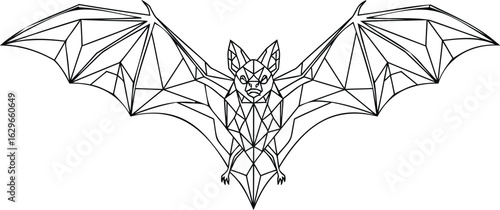 A detailed line drawing of a bat with its wings spread wide open against a white background
