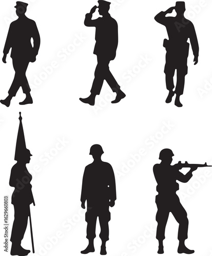 Soldiers in formation, saluting, and aiming rifle, silhouette collection