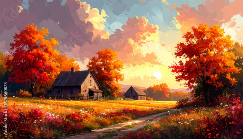 Autumn countryside landscape with homes. Sunset over colorful autumn farmhouse. Peaceful fall landscape with vibrant tree. Golden autumn day in rural village. Serene fall sunset behind country cottage