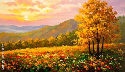 Autumn landscape with vibrant colors. Sunset over fall meadow with flowers. Golden autumn trees on hilltop view. Peaceful fall scenery with blooming flowers. Mountain sunset in autumn fields of color