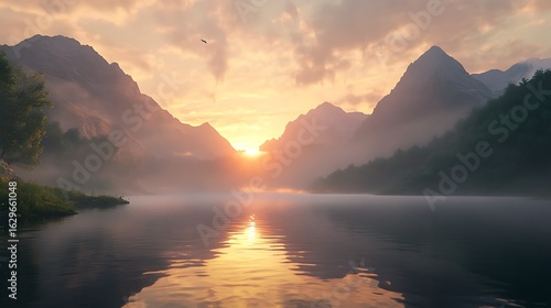 Tranquil morning sun rising above mountains and calm water high resolution picture