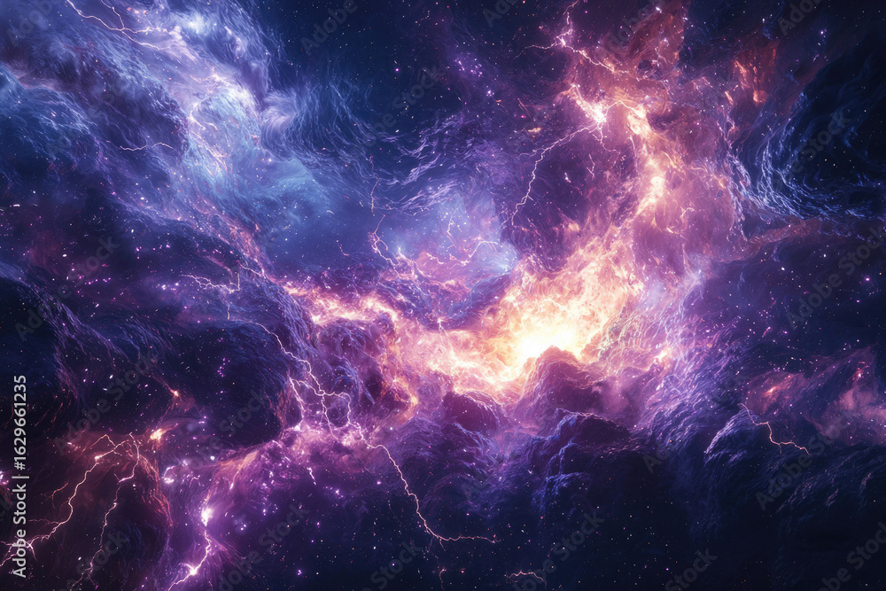 Obraz premium A vibrant nebula with swirling clouds of purple, blue, and orange, illuminated by streaks of lightning.