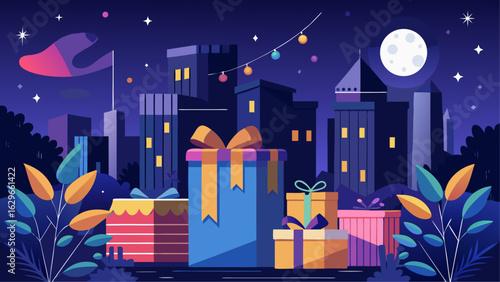 Colorful gift boxes in city park at night with skyscrapers, moon, stars and festive lights in the sky
