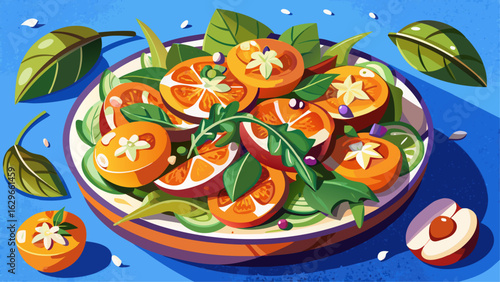 Fresh persimmon salad with citrus slices, leafy greens, herbs and seeds on a white plate over blue background