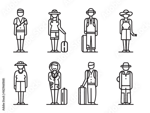Romantic vacation scene featuring Tourist Couple line art