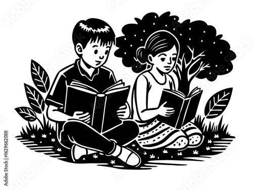 Black and White  Vector illustration of of Boy and Girl Reading Books Under Tree in Schoolyard