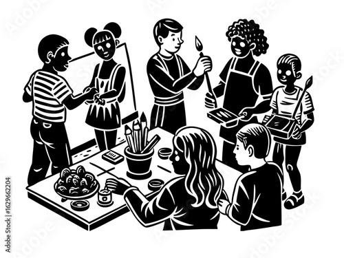 Creative Arts Class with Diverse Students Painting and Sculpting – Black and White  Vector illustration 