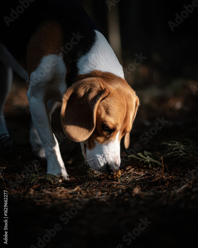 Beagle sniffing the ground in a forest dramatic lighting