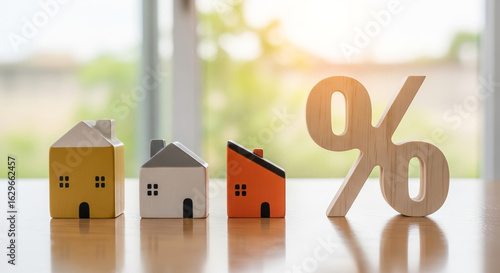 Home mortgage interest rates with miniature houses and a percentage symbol for property loans
