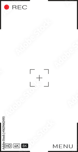Digital camera recording screen overlay template with REC indicator, focus frame, and menu icons, ideal for video editing, media UI, livestream overlays, vlogs, and visual effects projects.