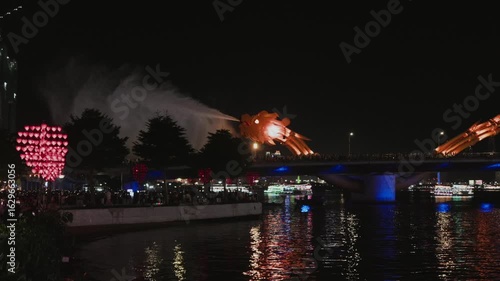 Dragon Bridge erupt the water in the Danang